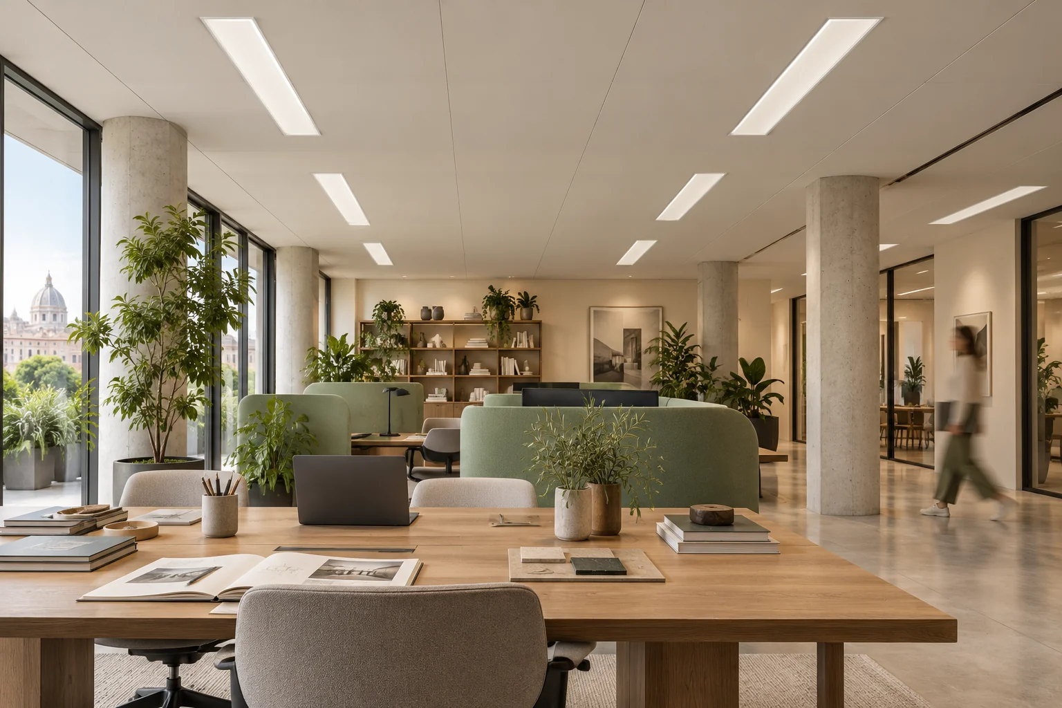 Idea di studio creativo con pannelli I-PAN 120×30 a soffitto, piante e una persona sfocata dal movimento