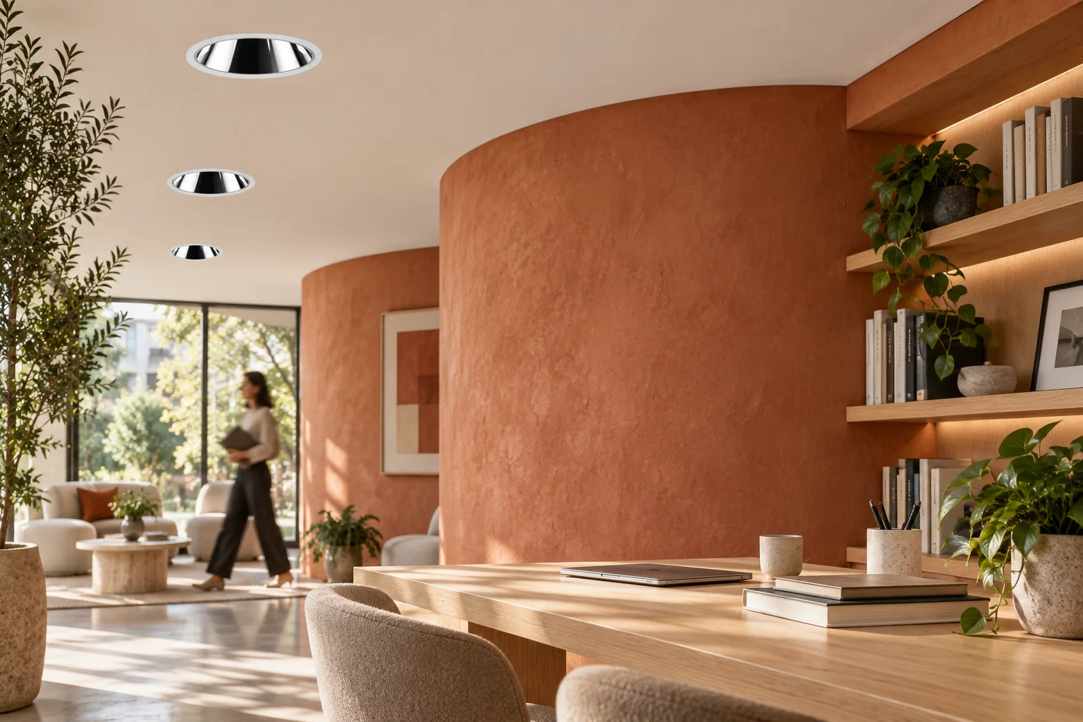 Idea di spazio lettura con downlight CIELO RD3013 a incasso, parete curva in terracotta e una persona in movimento