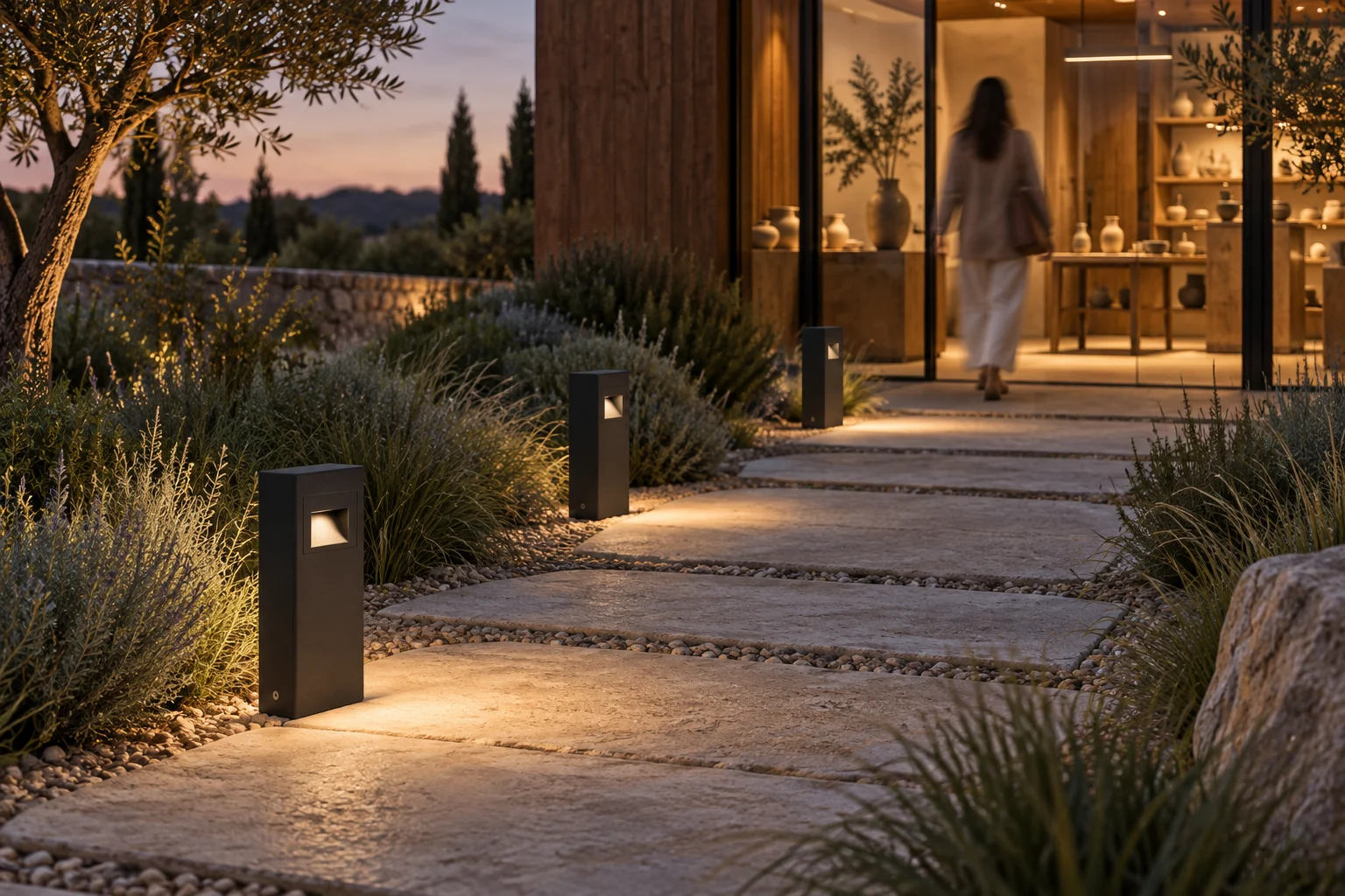 Idea di giardino d’atelier con segnapasso DOLMEN MINI neri lungo un camminamento in pietra al tramonto