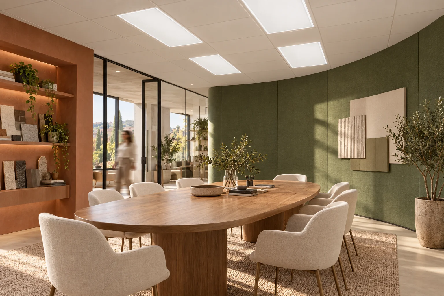 Idea di sala riunioni con pannelli I-PAN 120×60, parete acustica verde e una persona in movimento