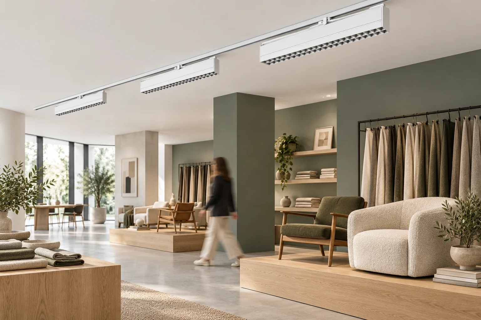 Idea di showroom di design con apparecchi Lineare Track Rail bianchi su binario e una persona in movimento