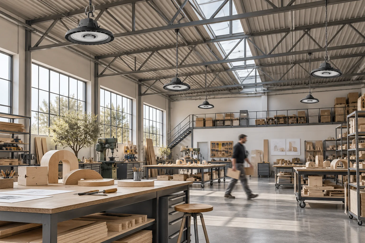 Idea diurna di officina artigiana con apparecchi JUNO neri spenti sospesi sotto la copertura e una persona in movimento