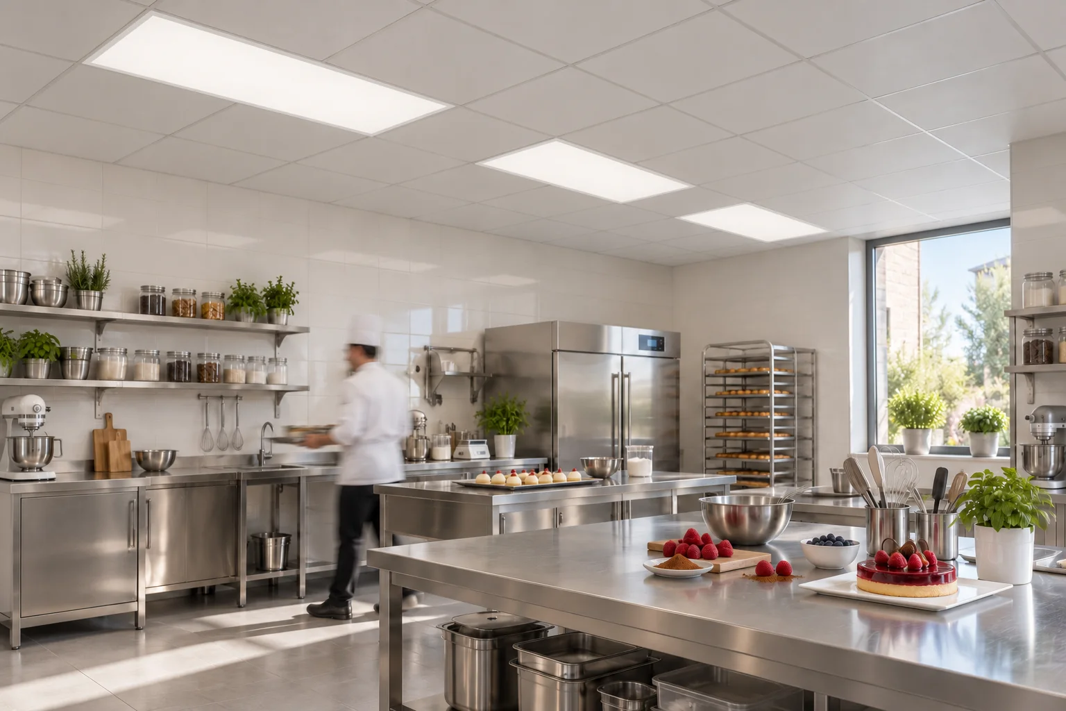 Idea diurna di laboratorio di pasticceria con pannelli I-PAN IP65 da 1200 × 600 mm nel controsoffitto e una persona in movimento