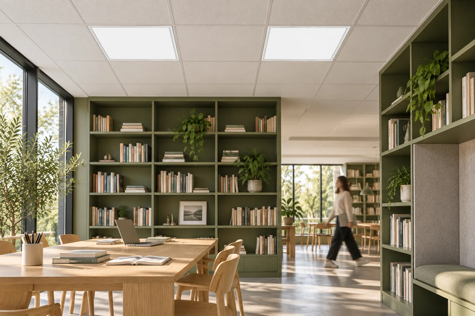 Idea di biblioteca con pannelli ALTAVIA BK Lite 60×60 nel controsoffitto, librerie verdi e una persona in movimento