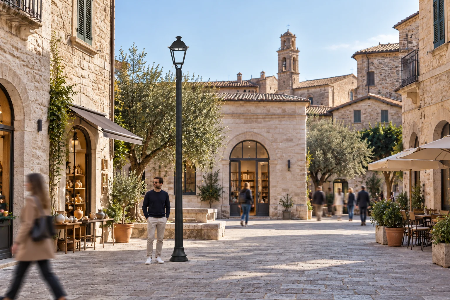 Idea diurna di piazza di borgo in pietra con lanterna OLDCITY LX spenta su palo e persone in movimento