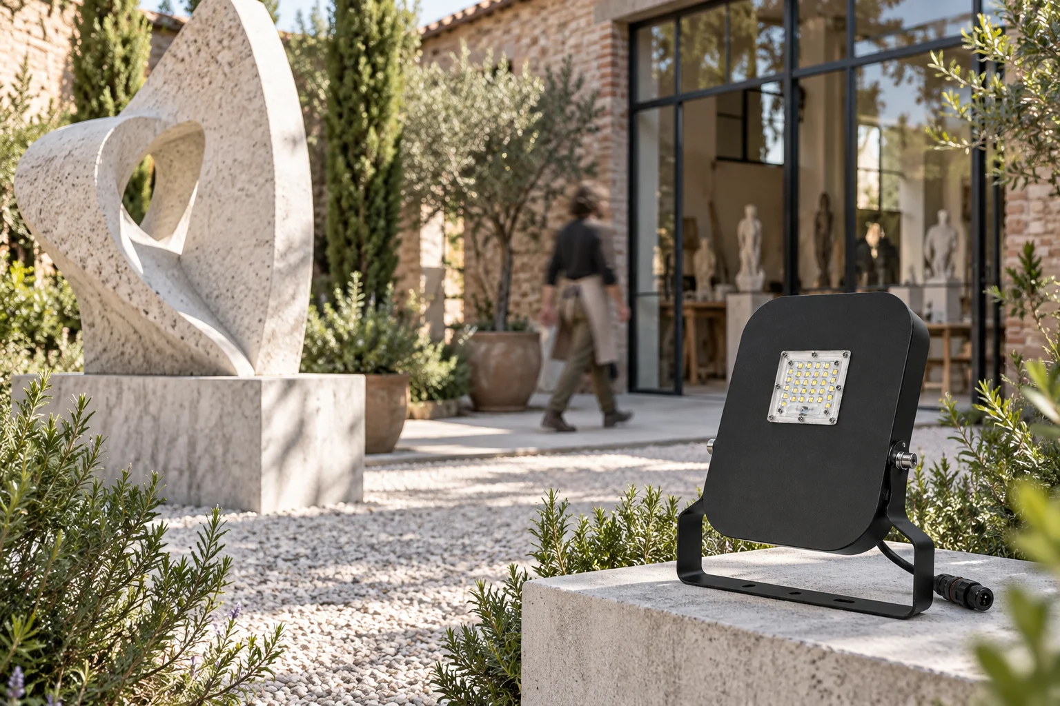 Idea diurna di corte d’atelier con proiettore ALPHA MINI nero spento su un basamento in pietra davanti a una scultura