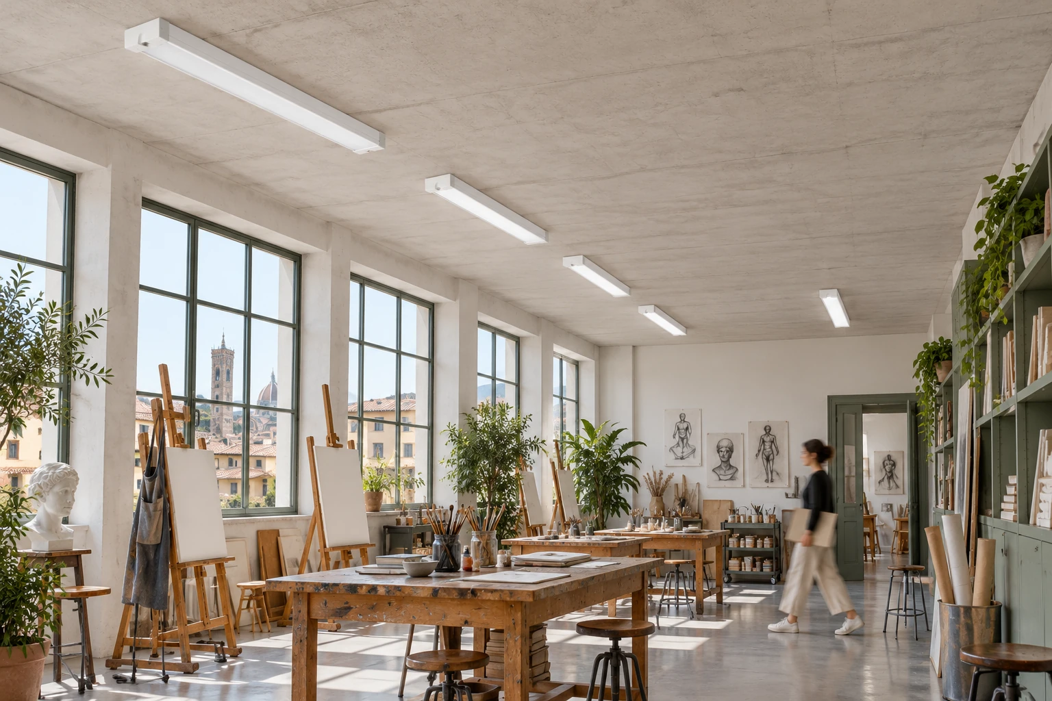 Ambientazione illustrativa UNIQUA TD 1200 bianco a soffitto in un atelier d’arte di giorno, con cavalletti e una persona