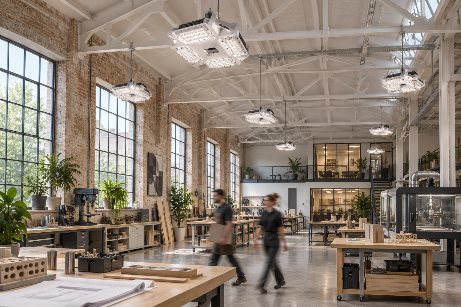 Idea di laboratorio creativo alto con ALIA BAY sospesi a quattro moduli ottici e persone sfocate dal movimento