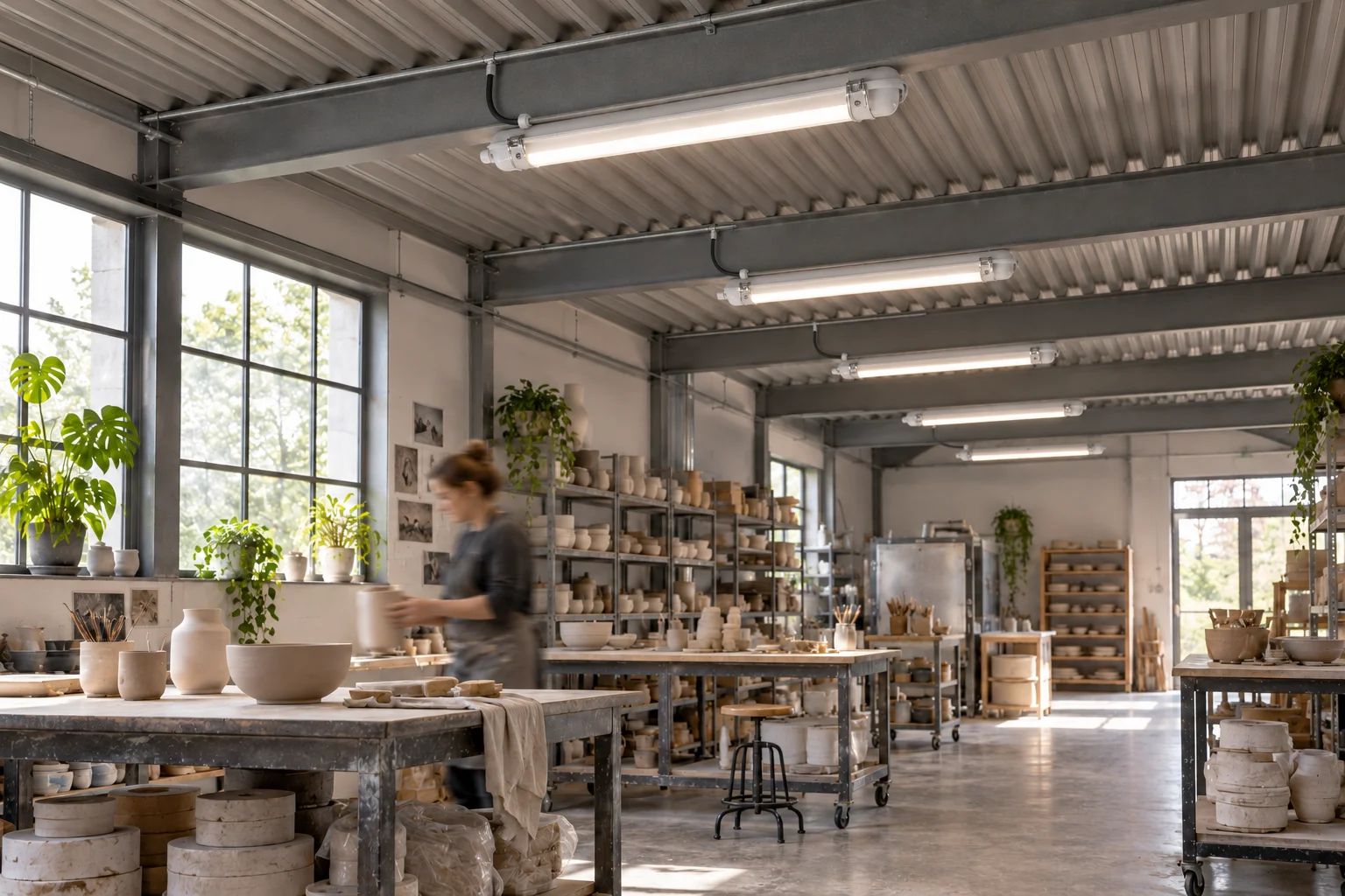 Idea diurna di laboratorio di ceramica con plafoniere UNIQUA grigie da 120 cm sotto le travi, collegate alla canalizzazione, e una persona al lavoro
