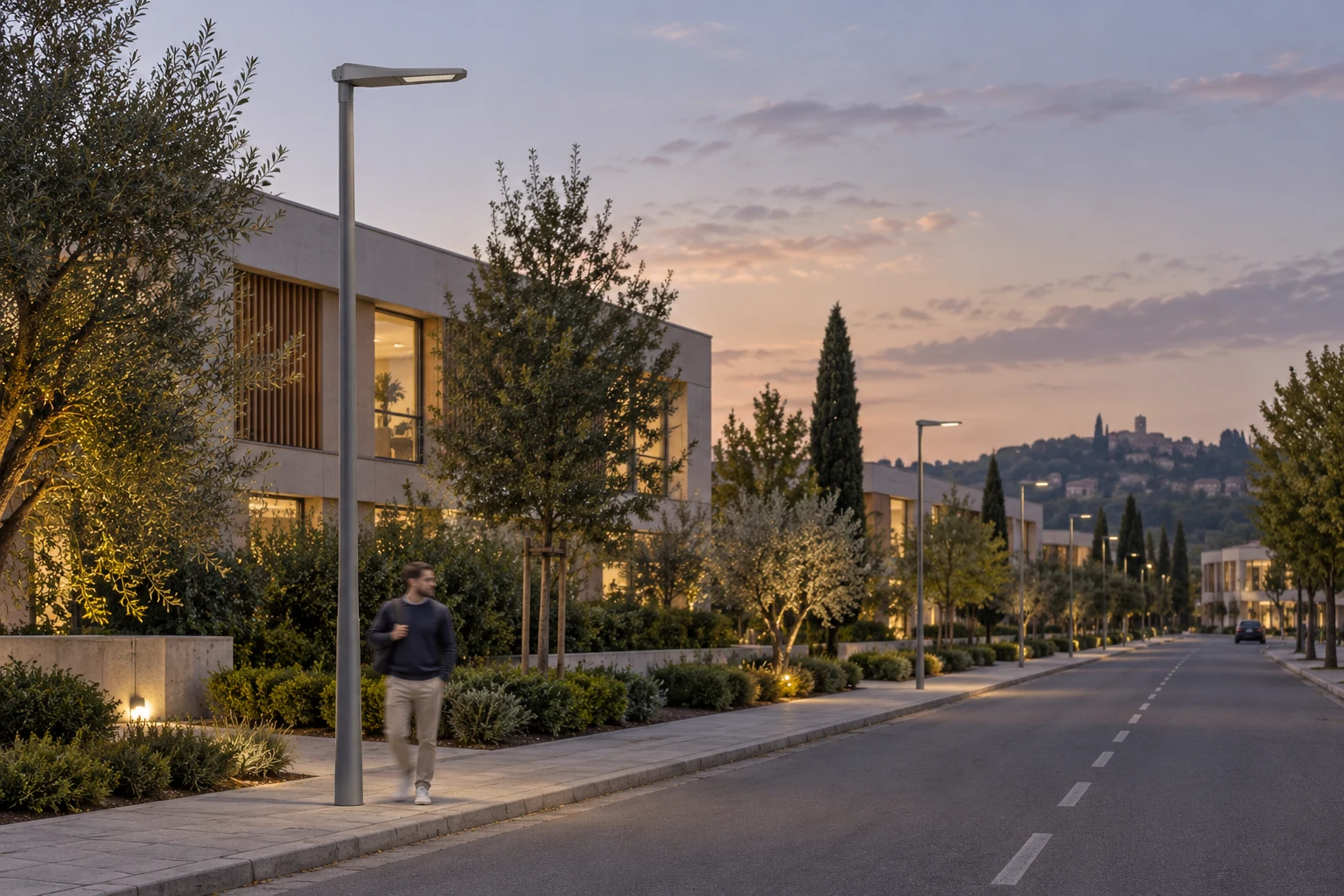 Idea di viale di un distretto creativo con apparecchi EUROPA20 su palo al crepuscolo e un pedone