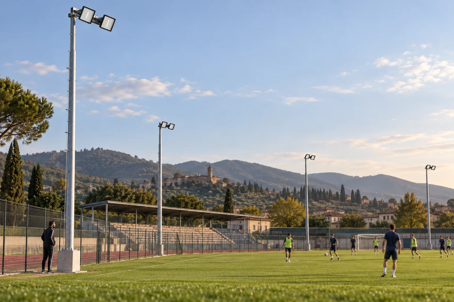 Idea diurna di campo da calcio con proiettori ALIA SPORT LX a singolo modulo spenti su sostegni esterni al campo e giocatori in allenamento