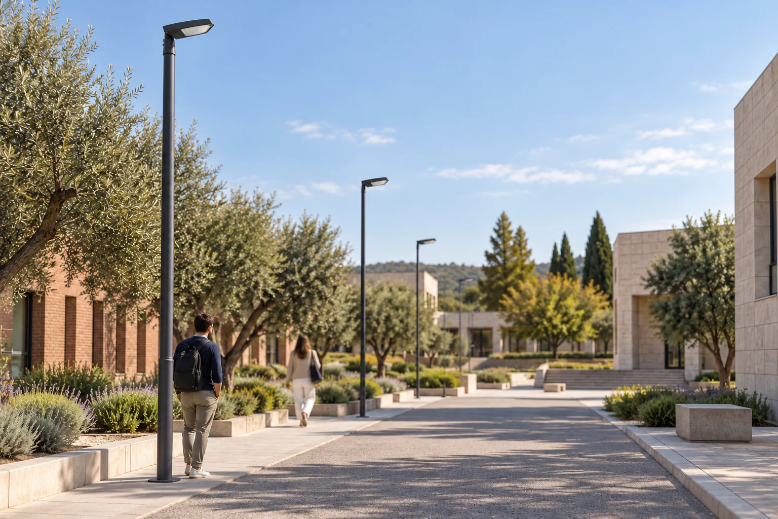 Ambientazione illustrativa ITALICO22 v3 in un campus di giorno, con apparecchi su palo e persone lungo il percorso