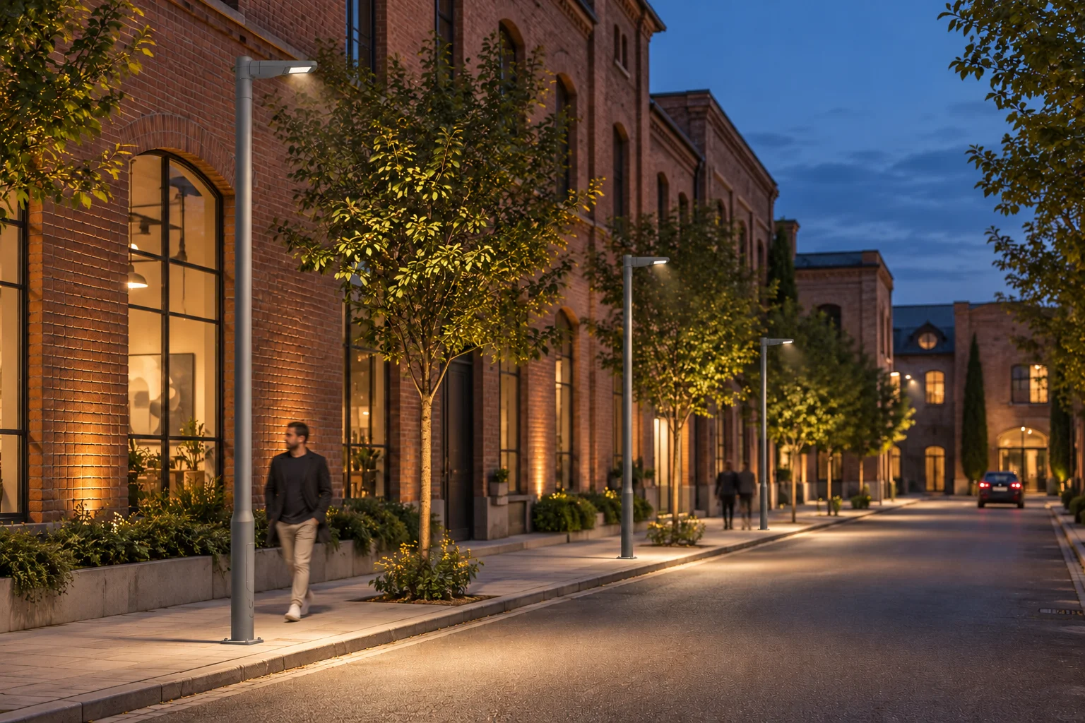 Ambientazione illustrativa ITALICO LX Small v3 in un quartiere al crepuscolo, con apparecchi su palo e pedoni