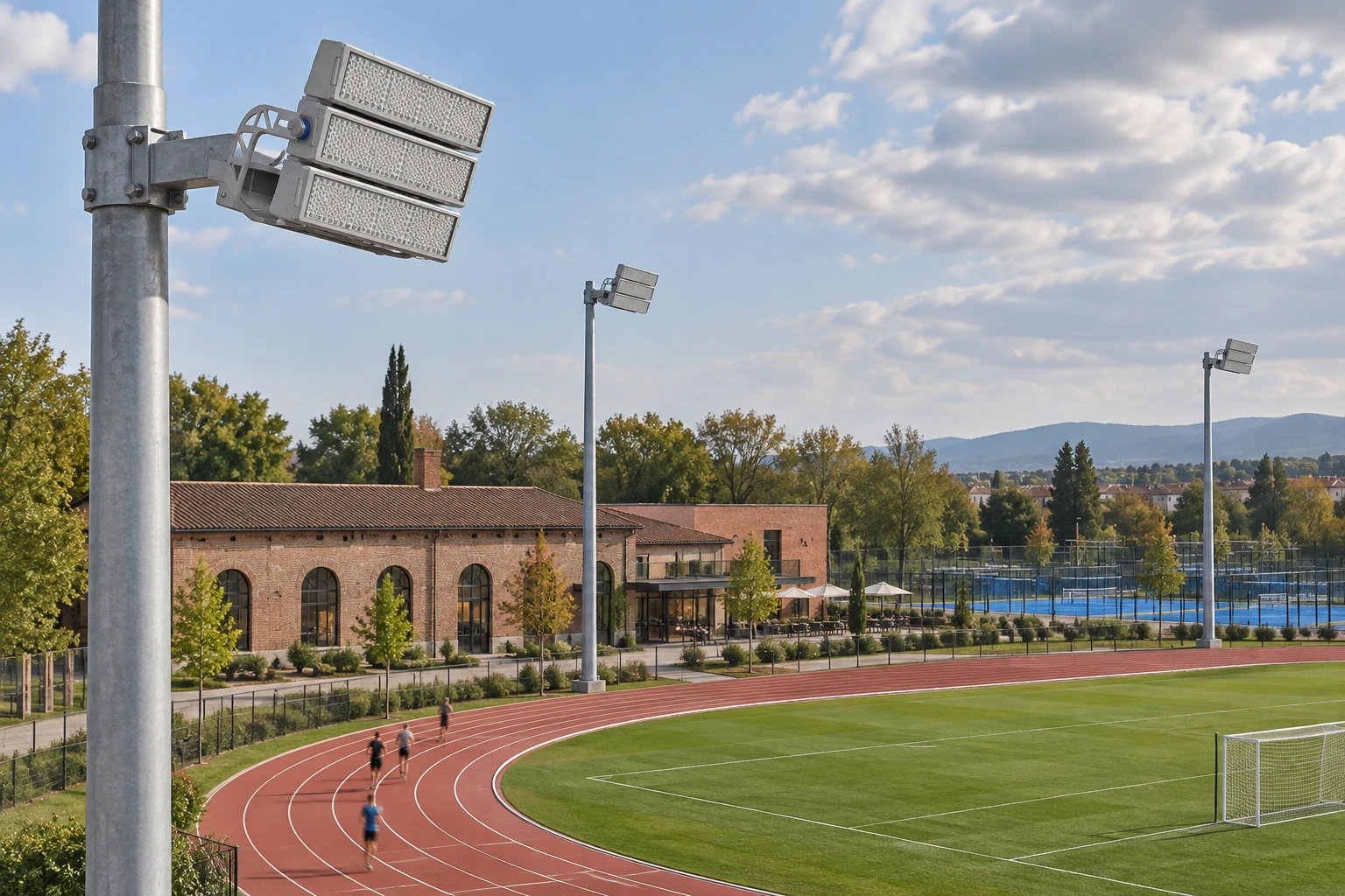 Proiettori spenti con tre moduli lineari grigi sovrapposti, lenti circolari e staffa comune, riferiti alla fotografia originale ALIA SPORT NEXT. Ambientazione diurna illustrativa, senza assegnare potenza, altezza del sostegno o prestazioni fotometriche.