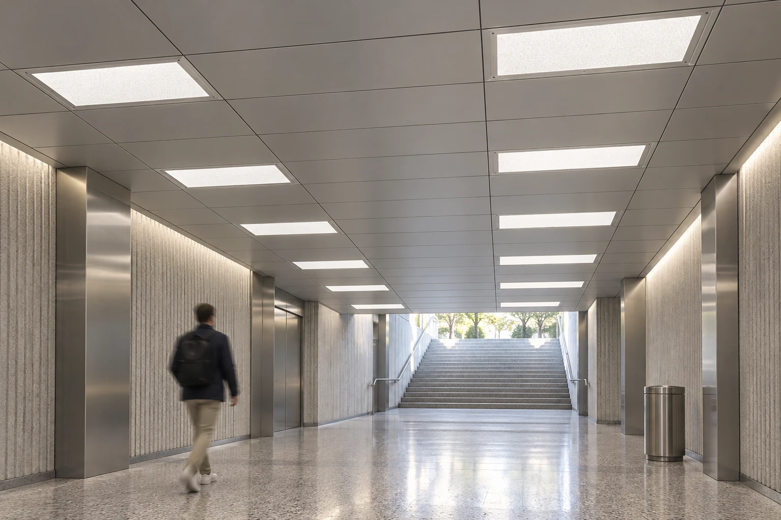 Pannelli rettangolari con cornice grigia e diffusore opale nel soffitto di un atrio di transito immaginario. Proposta riferita alla geometria 600 × 300 × 50 mm del catalogo, senza identificare una stazione reale, una potenza o prestazioni misurate.