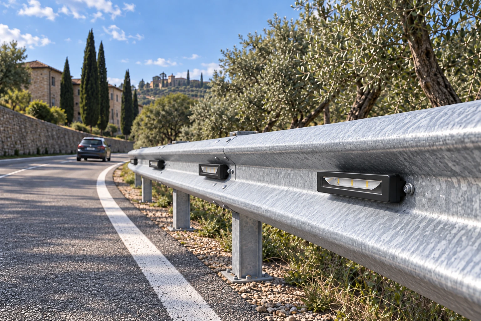 Apparecchi neri spenti sul guardrail di una strada di accesso, con geometria 270 × 98 × 75 mm riferita alla fotografia e al disegno EDGE AL. La scena non identifica un codice, un materiale verificabile dall’immagine o una configurazione elettrica.