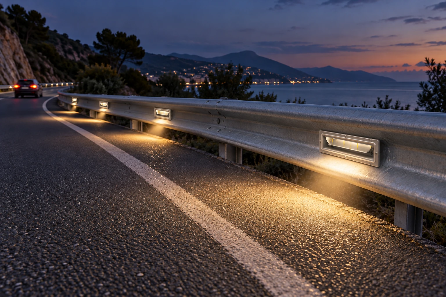 Idea al crepuscolo con corpo inox compatto e luce radente verso la strada, riferita alla fotografia e al disegno EDGE INOX 270 × 93 × 80 mm. La proposta non assegna un codice EDGE X né trasferisce alla gamma attuale i dati elettrici della scheda archiviata.