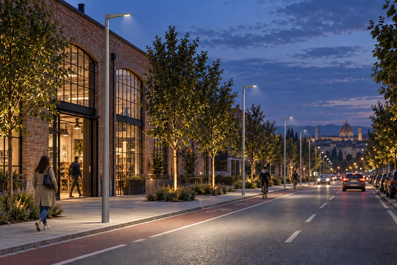 ITALICO20 Large su palo lungo un viale al crepuscolo, con corpo 747 × 361 × 245 mm e luce neutra illustrativa. Quote dei pali, interassi e distribuzione luminosa non costituiscono un progetto; la documentazione originale allegata riguarda la versione 160W 4000K.