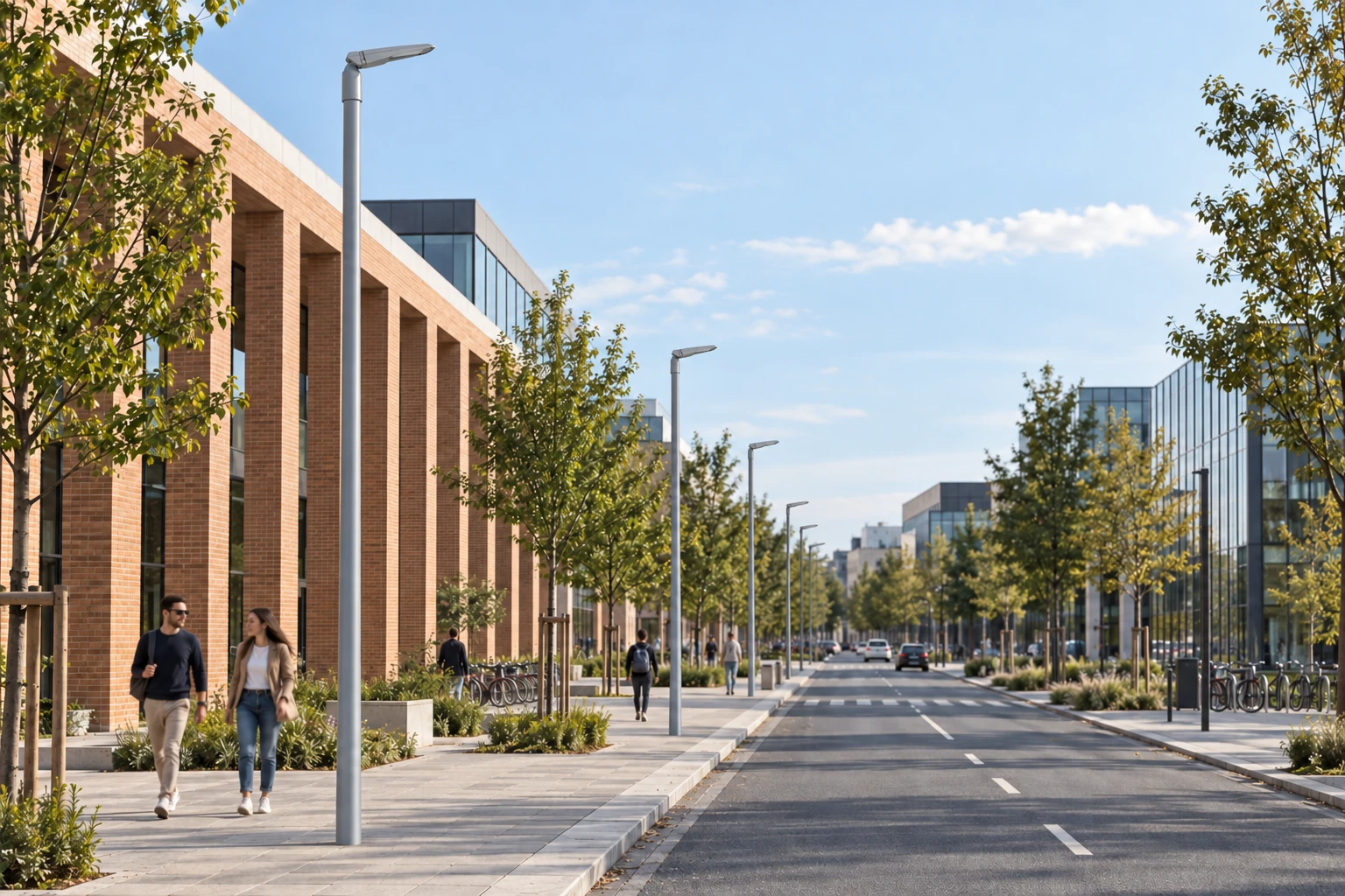Apparecchi ITALICO20 Medium spenti lungo un viale urbano, con corpo 606 × 311 × 222 mm e attacco testapalo. Pali, interassi e cablaggi sono illustrativi; la scena non definisce un progetto esecutivo o una configurazione elettrica.