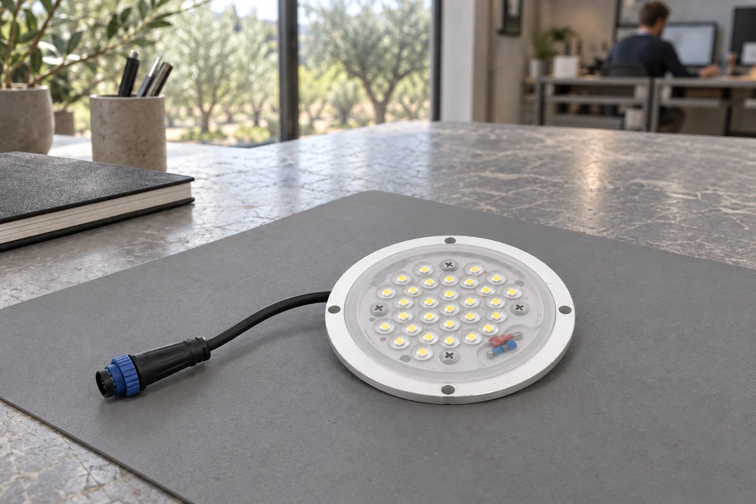 Studio di integrazione diurno con modulo circolare, ottiche spente e connettore scollegato, riferito alla fotografia RD. Armatura, piastra, ingombri e compatibilità devono essere verificati sul progetto.