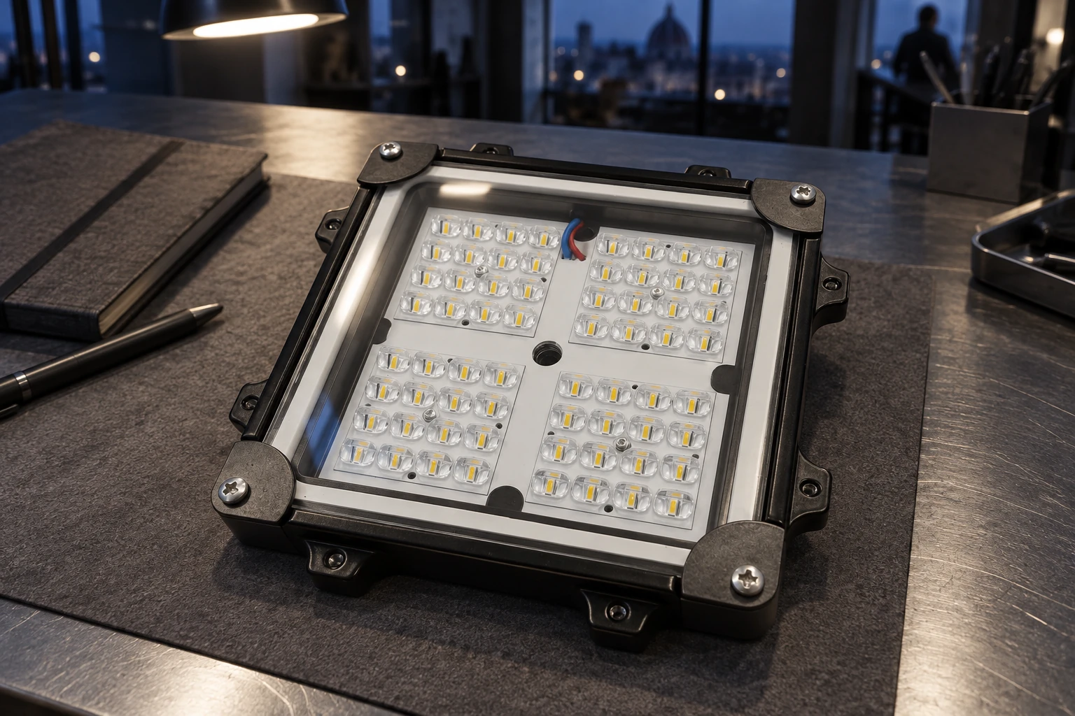 Studio serale del modulo RFSQ LX a quattro sezioni ottiche, spento sul banco. La scheda originale quota182×182×49mm per il solo corpo; armatura e piastra a disegno devono essere definite nel progetto.
