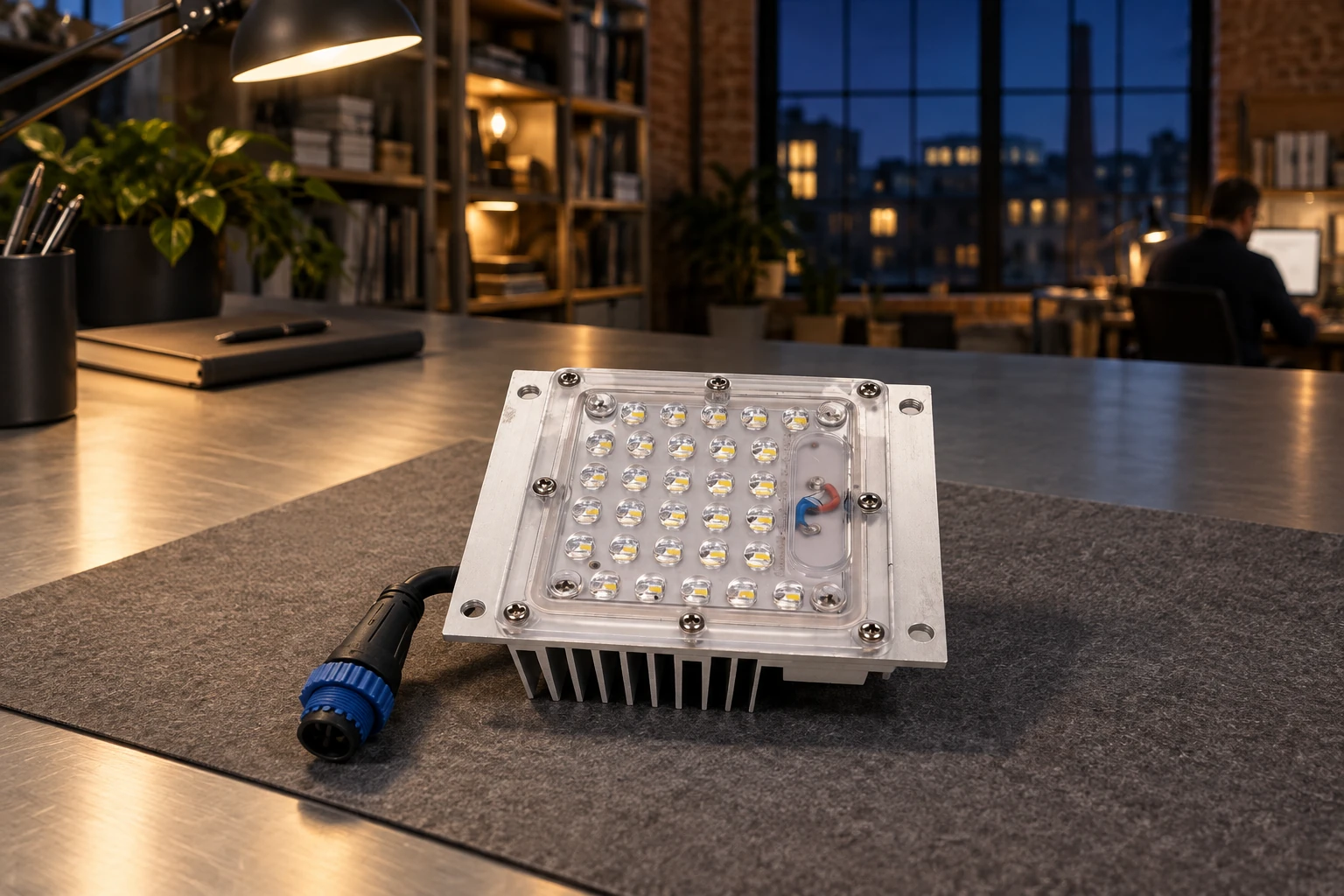 Studio serale di integrazione del modulo quadrato riferito alla fotografia SQ, scollegato e illuminato dalla lampada del banco. La scena non identifica un’armatura compatibile o una posa eseguita.