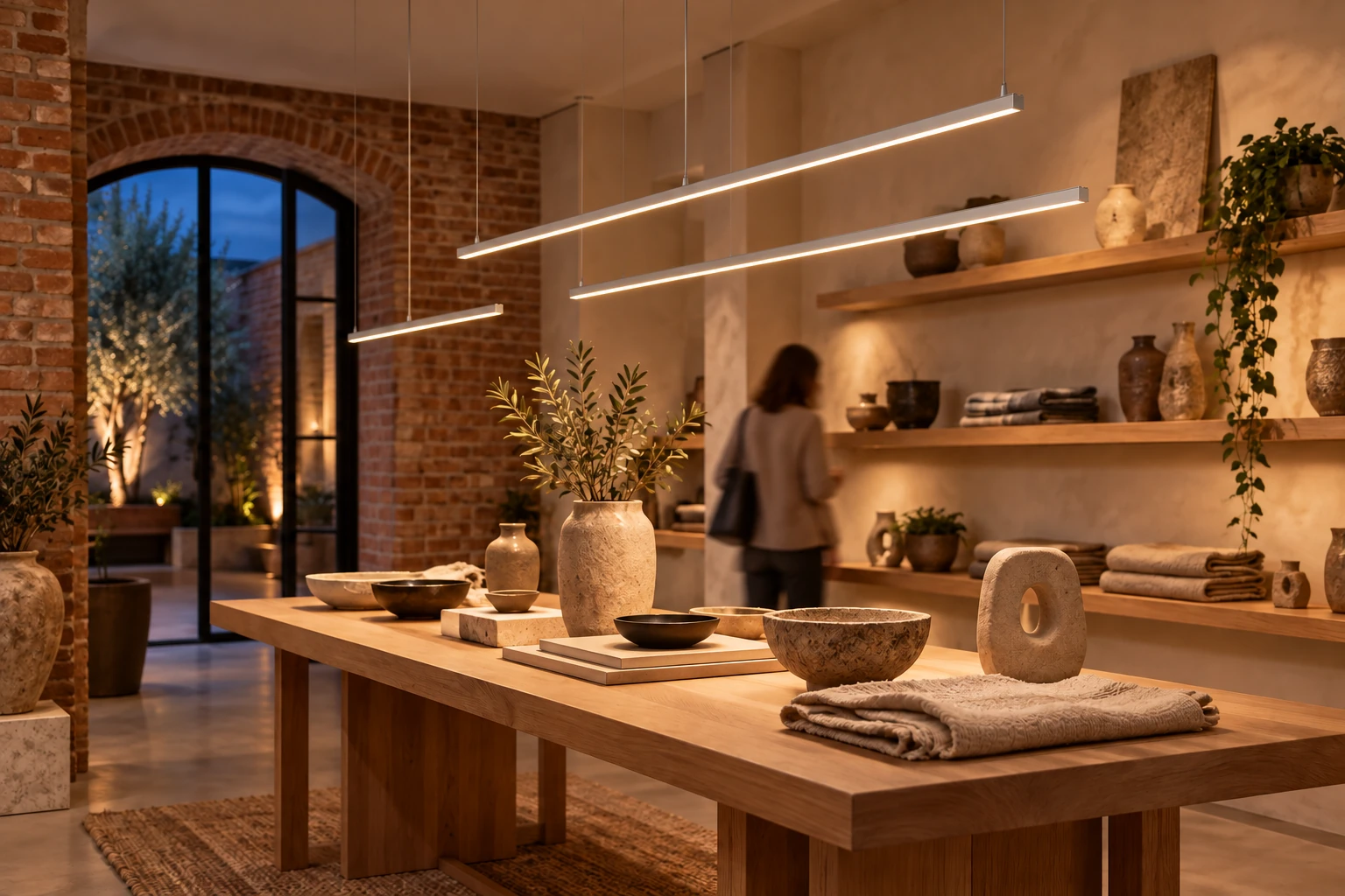 Ambientazione illustrativa MiniLine Profilo LED in uno showroom di sera, con profili sottili sospesi, ceramiche e una persona in movimento