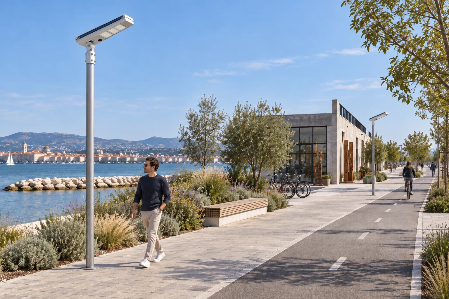 Proposta diurna con SOLIS NEXT taglia L, pannello fotovoltaico integrato e quattro moduli ottici spenti. Geometria 1002,4 × 445 × 183 mm riferita al catalogo e alle fotografie originali; l’immagine non identifica la configurazione PRO o CORE né ne simula le prestazioni.